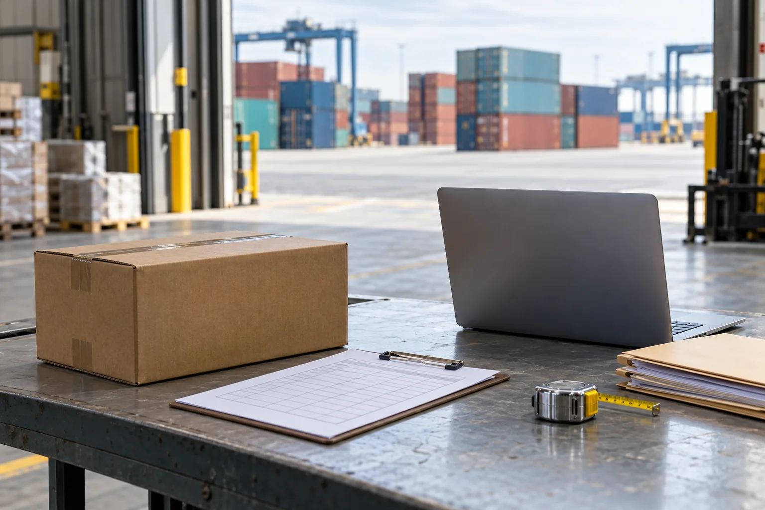 Editorial illustration of export documents and a shipping box at a warehouse.