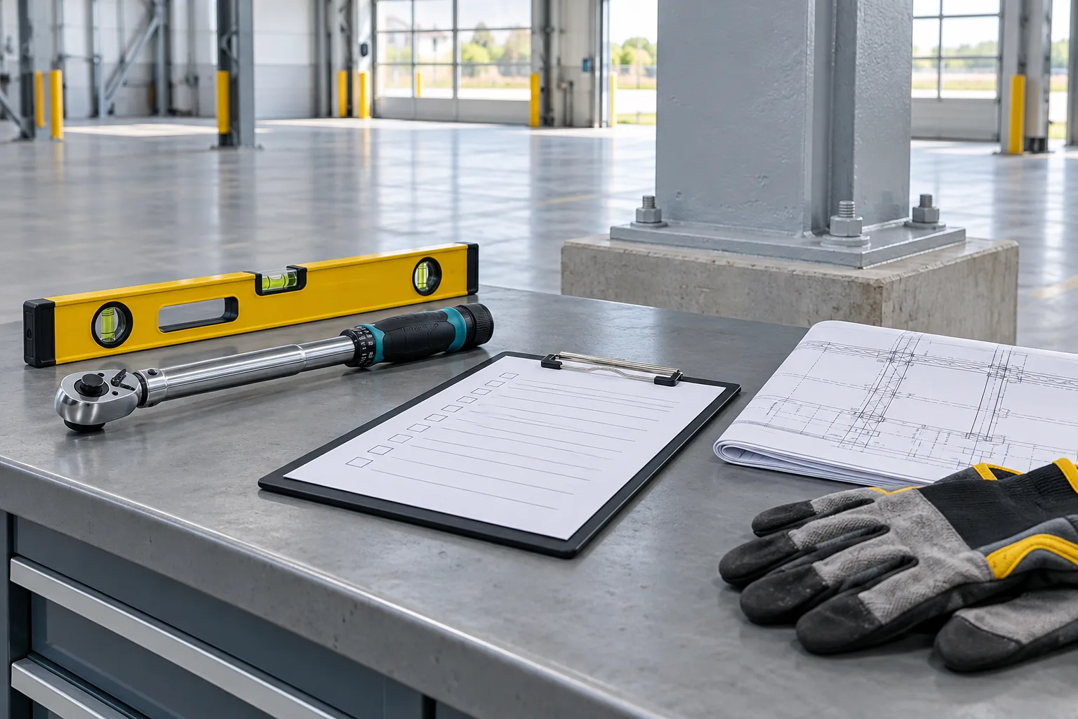 Editorial illustration of inspection tools and a drawing on a workbench.