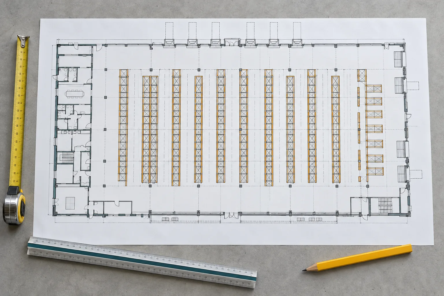 Warehouse floor plan with rack aisles, a measuring tape, an architectural ruler and a yellow pencil.