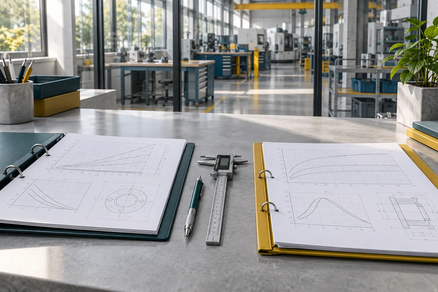 Two technical document folders and a digital caliper on an engineering desk overlooking a workshop.